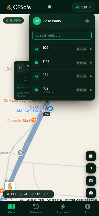 App GPSafe — listado de flota